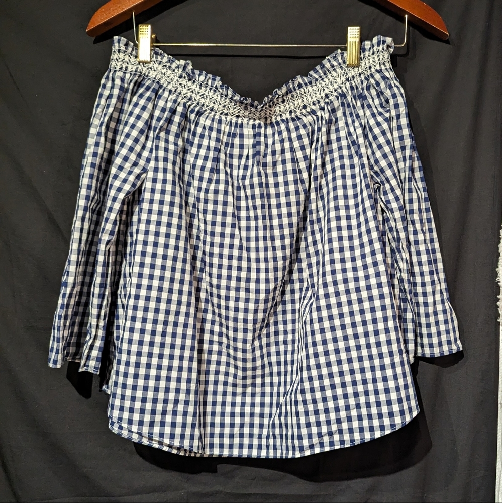 Madewell smocked off the d plaid pattern blue and white gingham  size small.